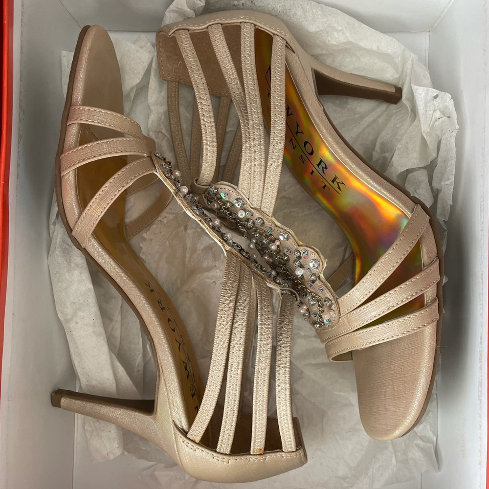 2 inch shiny tan heels